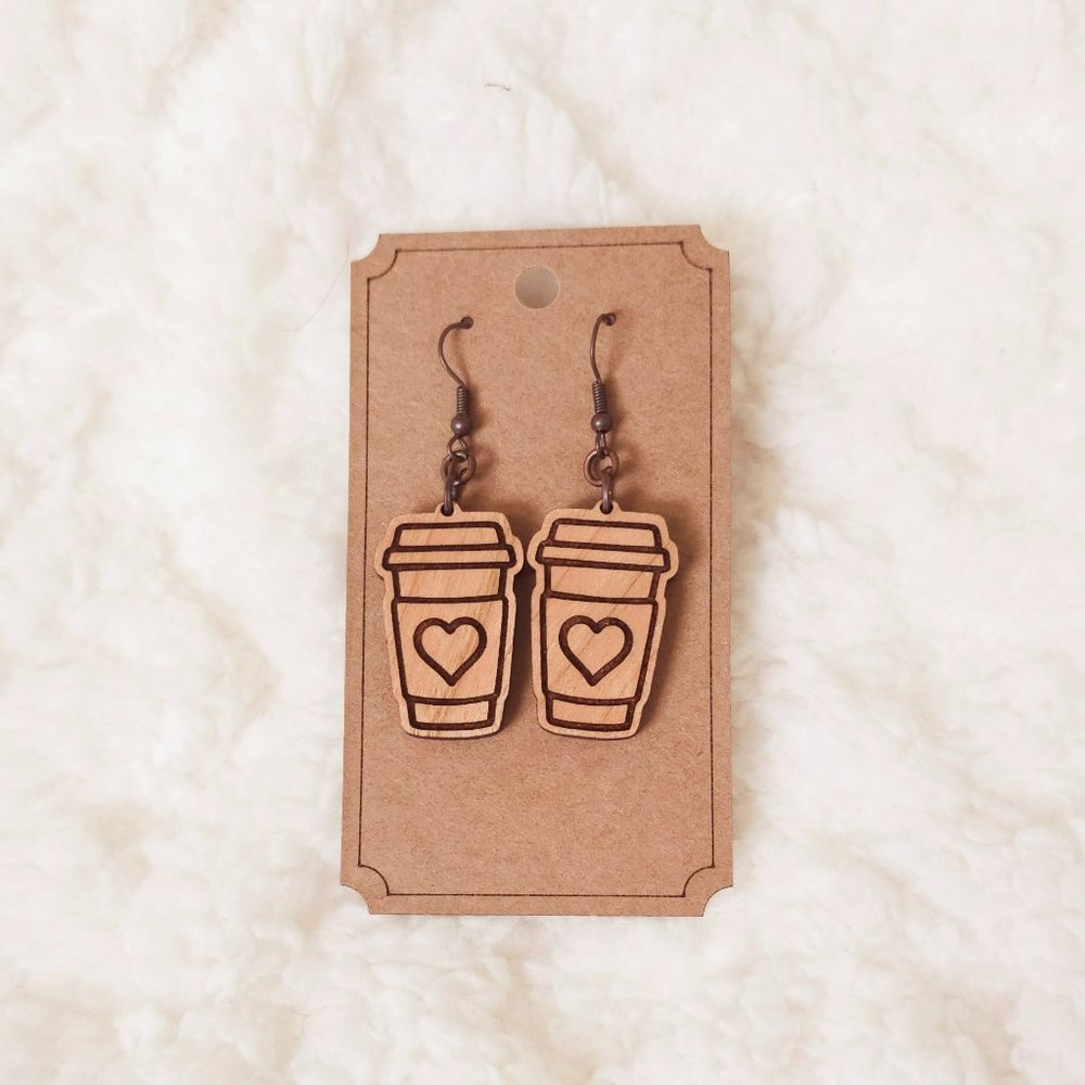 5/$25 Hot Coffee Earrings Dangle Wooden w/Heart